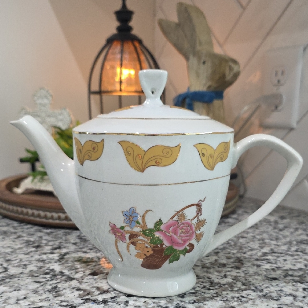 Vintage Floral Porcelain Teapot with Gold Trim